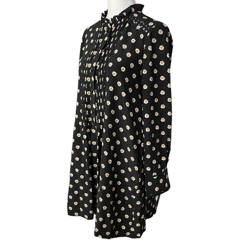 Kate Spade Ditsy Floral Pintuck Pleats Daisy Crochet Trim Popover Silk Black XS